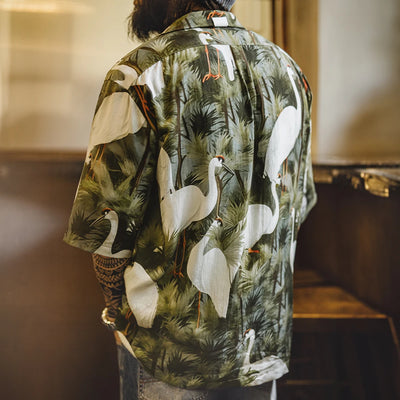 Maden Retro Crane Print Hawaiian Shirt Men's Summer Breathable Short Sleeve Collar Shirt Casual Single-breasted Vacation Blouse