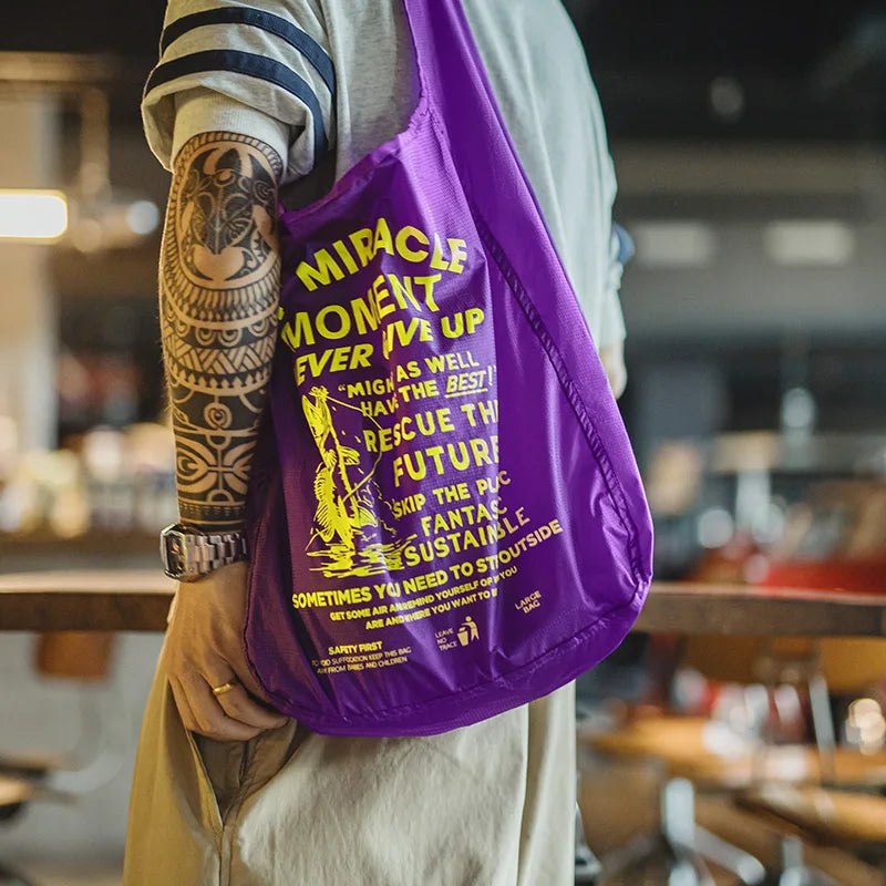 Maden Outdoor Ultra-Lightweight Shopper Bags Large Capacity Foldable Travel Bag Letter Print Shopper Tote Handbag for Commute