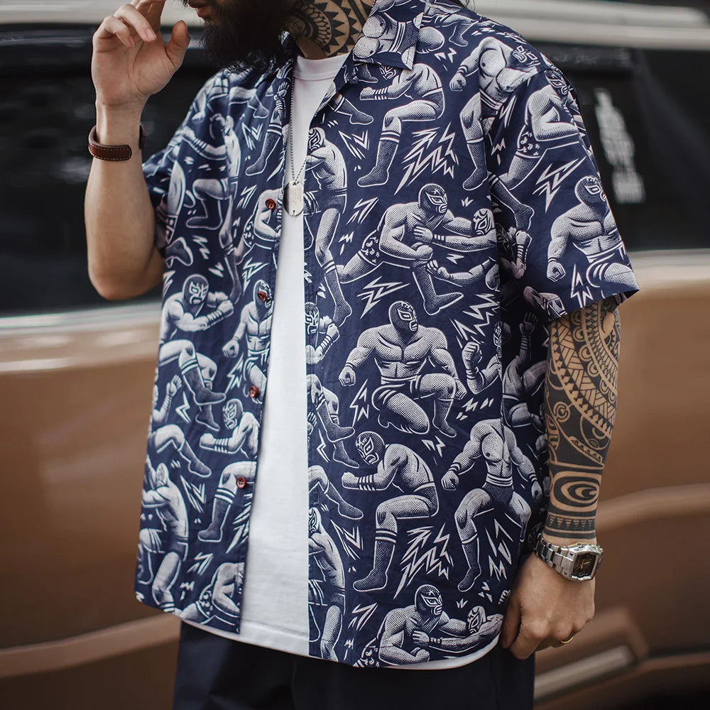 Maden Vintage Printed Cuban Collar Short Sleeve Shirt Men's Summer Hawaiian Style Vacation Shirt Loose Single-breasted Blouse