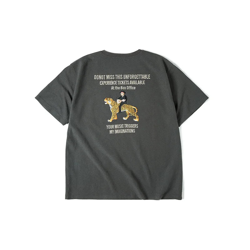 Maden 330g/m² Heavyweight Short Sleeve for Men T-Shirts Retro Embroidered Tiger Letters Pattern Tees Casual Summer Tops