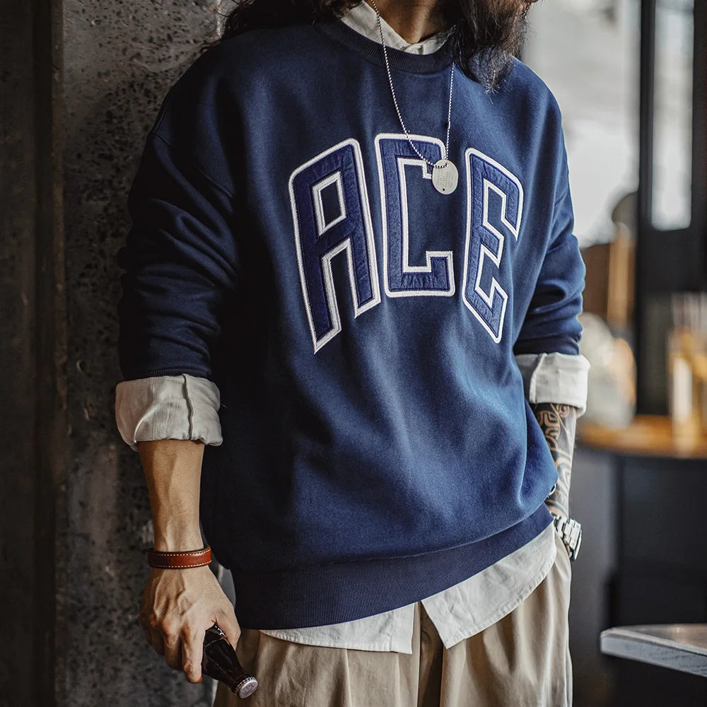 Maden Casual Hoodie with Letter Embroidery Fleece Lining Collegiate Style Sweatshirt Thick Warm Round Neck Tops for Men's Fall