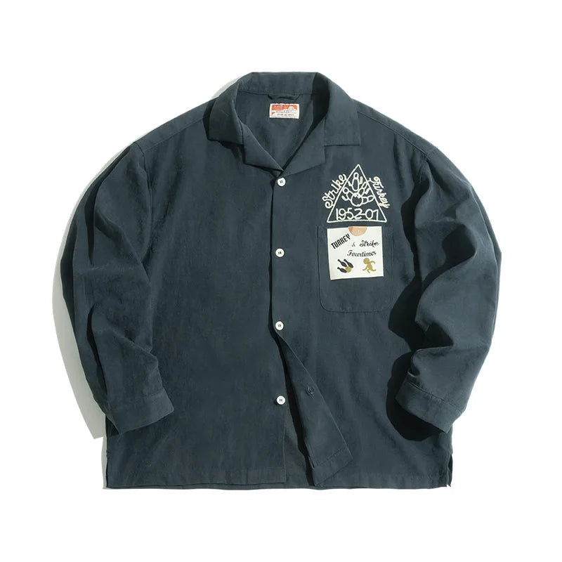 Maden Retro Solid Color Long Sleeve Shirts with Single Breasted Lapel Pocket Embroidery Design Loose Shirt for Men's Autumn Tops