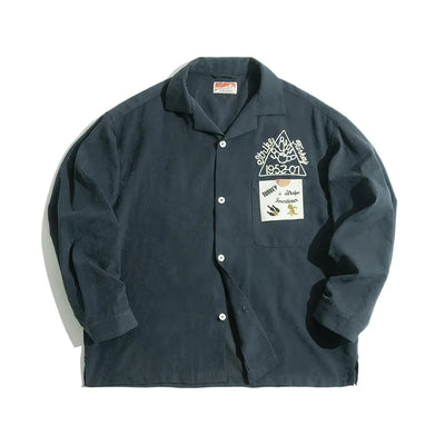 Maden Retro Solid Color Long Sleeve Shirts with Single Breasted Lapel Pocket Embroidery Design Loose Shirt for Men's Autumn Tops