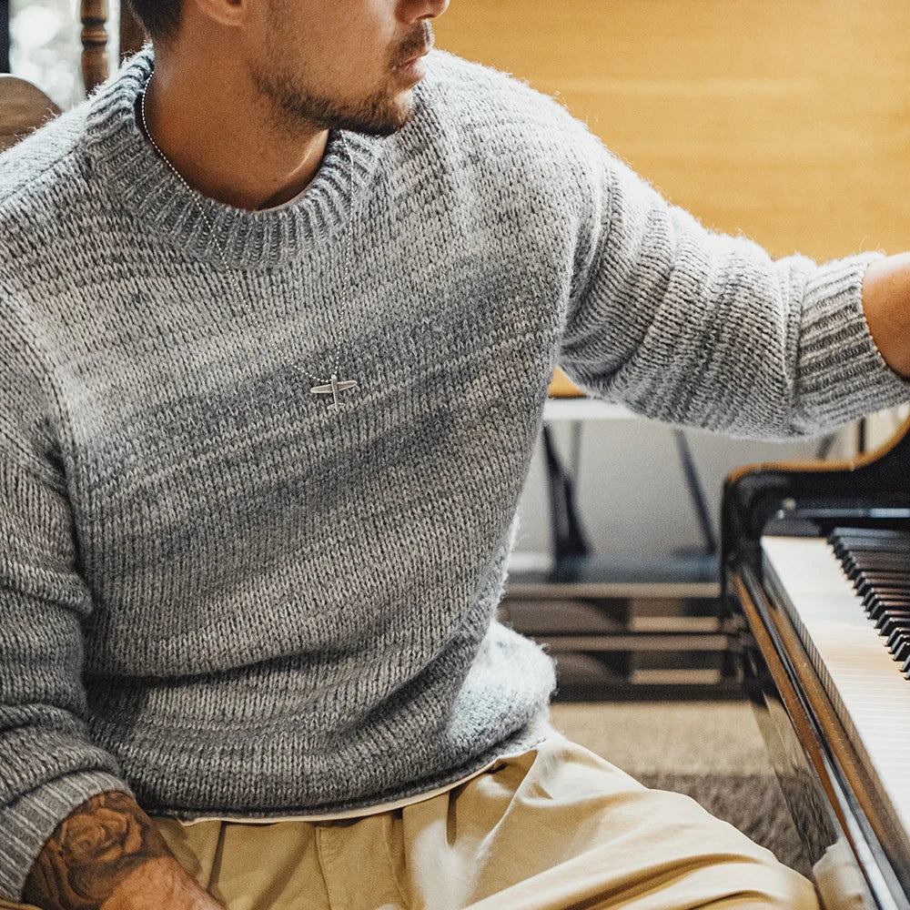 Maden Men's Autumn Winter American Vintage Gradient Stripe Sweater Pullover Round Neck Blended Knitwear