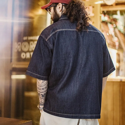 Maden Retro Boro Denim Short Sleeve Shirt Men Summer Indigo Dyed Lapel Single Breasted Casual Overshirt Street Outfits Blouse
