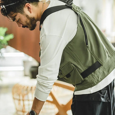 Maden Men Multi-pocket Tactical Vest Jacket & Bag Japan Retro Multi-function Photography Waistcoat Wide Shoulder Strap Solid Bag