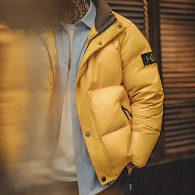 Maden Casual 90% White Duck Down Jacket Yellow Stand Collar Warm Jacket Versatile Puffer Coat for Men Fall and Winter Outerwear
