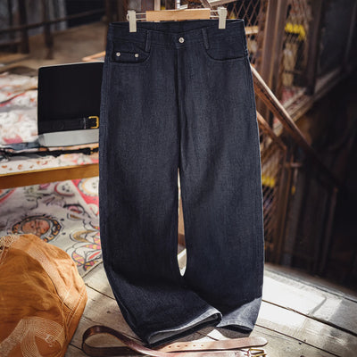 Maden Vintage 15.6oz Selvedge Raw Denim Jeans Heavyweight Blue Loose Fit Wide-Leg Jeans Zip Fly Cotton Trousers with Pockets