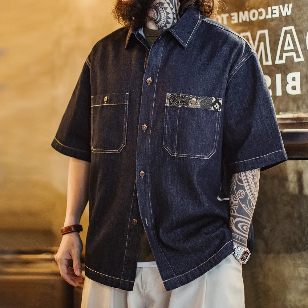 Maden Retro Boro Denim Short Sleeve Shirt Men Summer Indigo Dyed Lapel Single Breasted Casual Overshirt Street Outfits Blouse