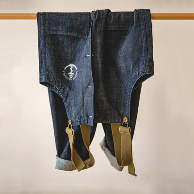 Maden Workwear American Vintage Deck Strap Pants Spring and Autumn Wash Denim Red Ear Straight Leg Jeans Men's Fashion