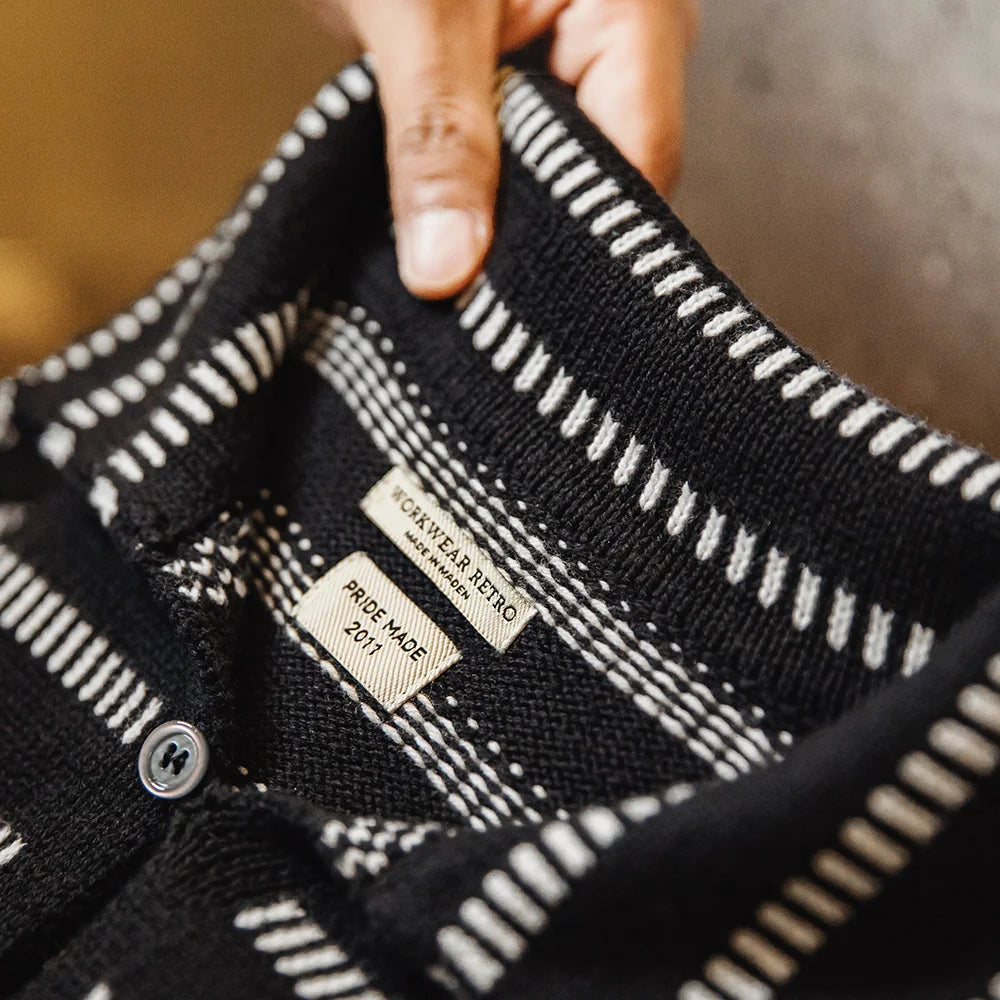 Maden Knitted Striped Polo Sweater Blended Knit Lapel Pullover Men's Casual Color Collision Jumper Black American Workwear Tops