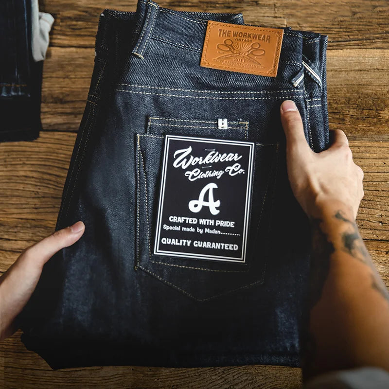 Maden Vintage 13.5oz Heavyweight Selvedge Raw Denim Jeans Men's Straight Fit Cotton Jeans Casual Pocket Trousers Fall Winter