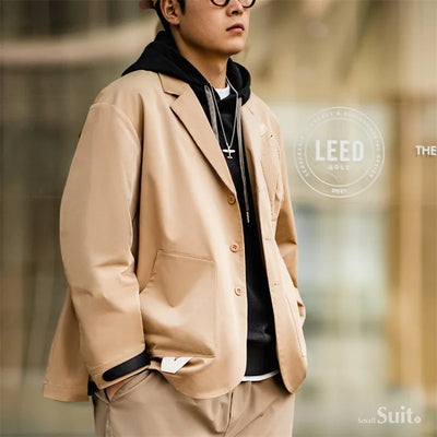 Maden New Casual Notch Lapel Men's Spring Jacket with Loose Fit Single Breasted Multi-Pocket Blazer Vintage Versatile Outerwear