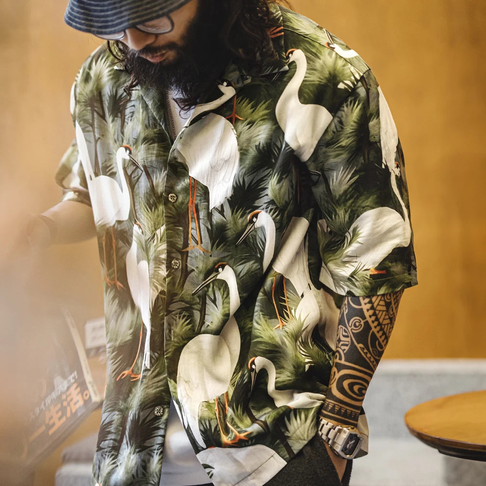 Maden Retro Crane Print Hawaiian Shirt Men's Summer Breathable Short Sleeve Collar Shirt Casual Single-breasted Vacation Blouse