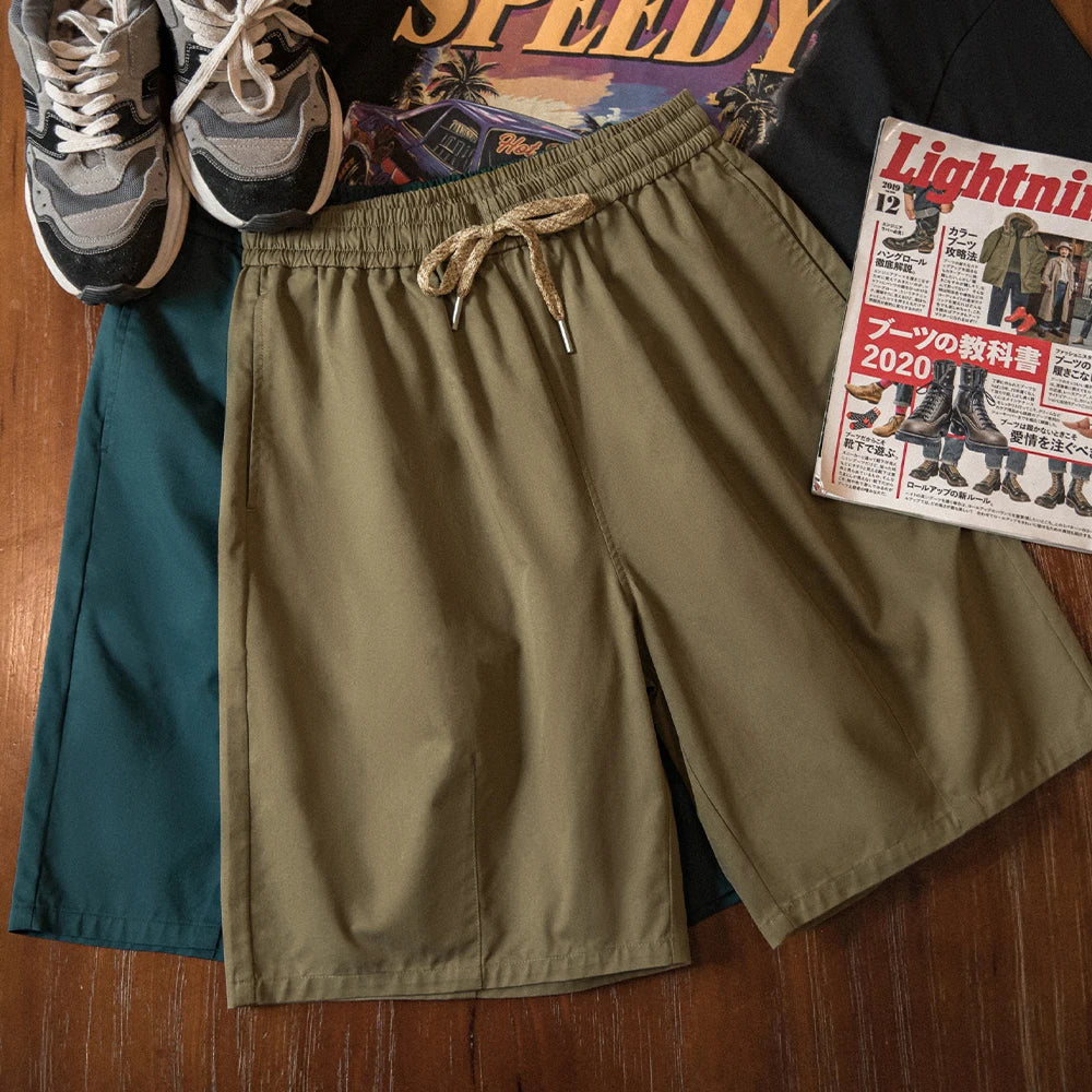 Maden Vintage Khaki Straight Leg Shorts Men's Summer Casual Drawstring Waist Office Shorts Loose Fit Elastic Waist Bottom