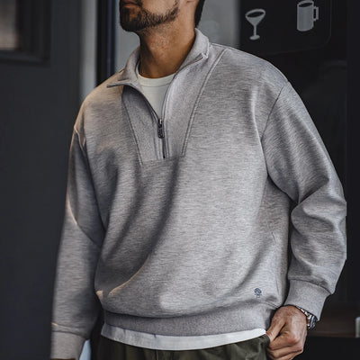 Maden Men's Spring and Autumn Casual Gray Pullover Sweatshirt Patchwork Standing Collar Sweatshirts Metal Zipper Top Clothing