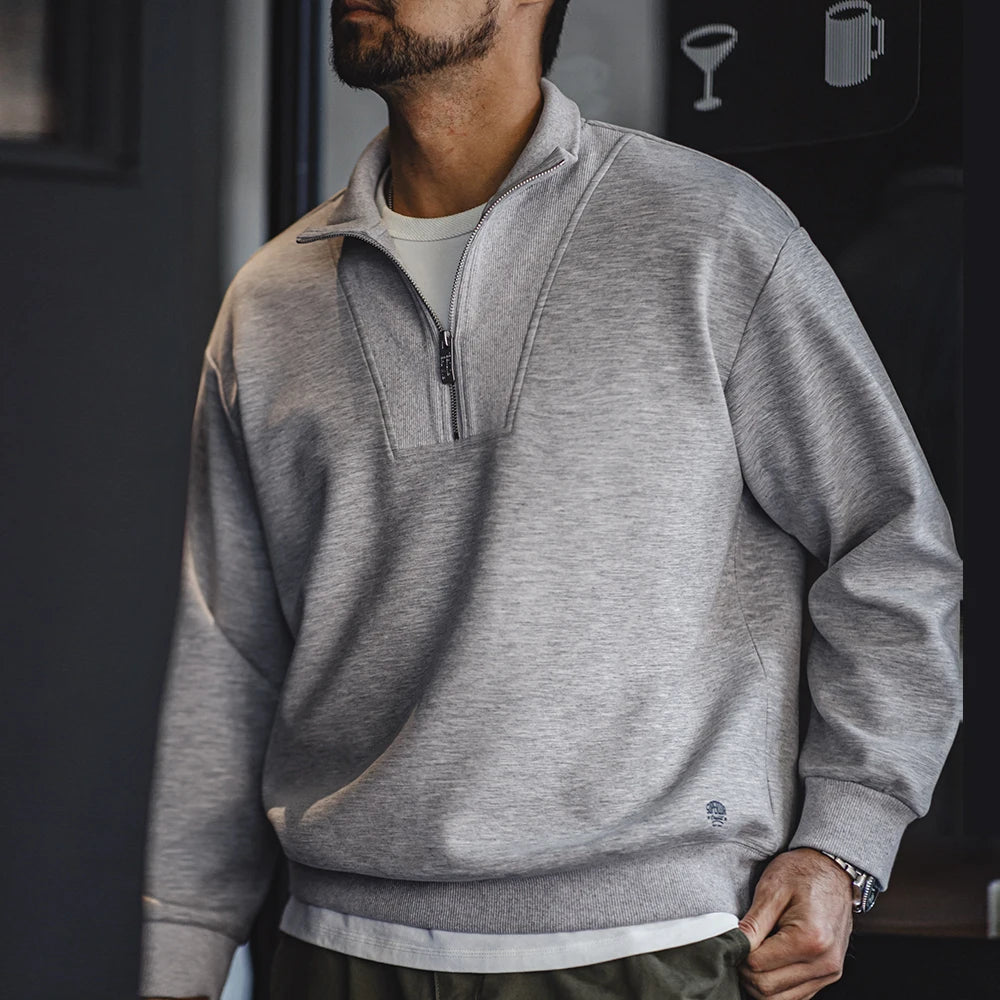 Maden Men's Spring and Autumn Casual Gray Pullover Sweatshirt Patchwork Standing Collar Sweatshirts Metal Zipper Top Clothing