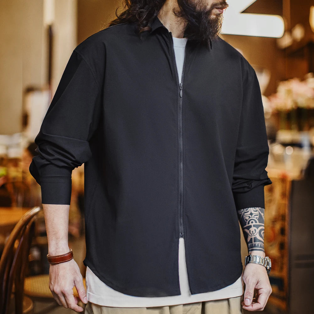 Maden Casual Draped Shirt Men's Spring and Summer Breathable Cleanfit Cool Comfort Long Sleeve Zip-Up Blouse Lightweight Top