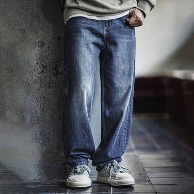 Maden Retro Blue Logging Jeans Washed Denim Loose Cotton Non-elastic Waist Trousers for Men's Daily