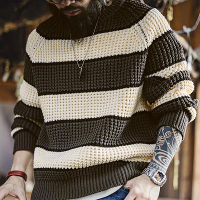 Maden Retro Striped Knitted Sweater with Round Neck Versatile Pullover for Men's Autumn and Winter Warm Knitted Casual Tops