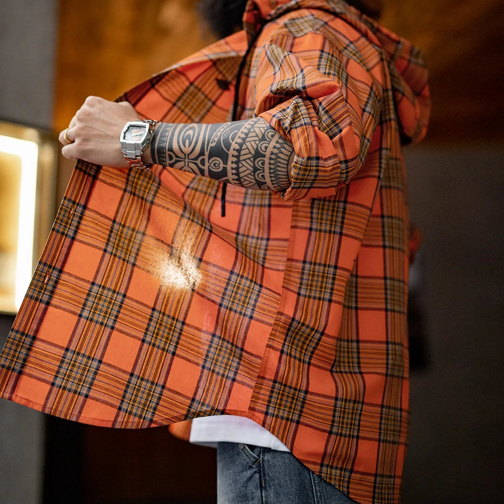Maden Men's Casual Checked Sweatshirt-style Orange Retro Hooded Loose Long-sleeved Shirt with Single-breasted Buttons for Spring