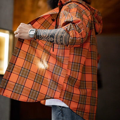 Maden Men's Casual Checked Sweatshirt-style Orange Retro Hooded Loose Long-sleeved Shirt with Single-breasted Buttons for Spring