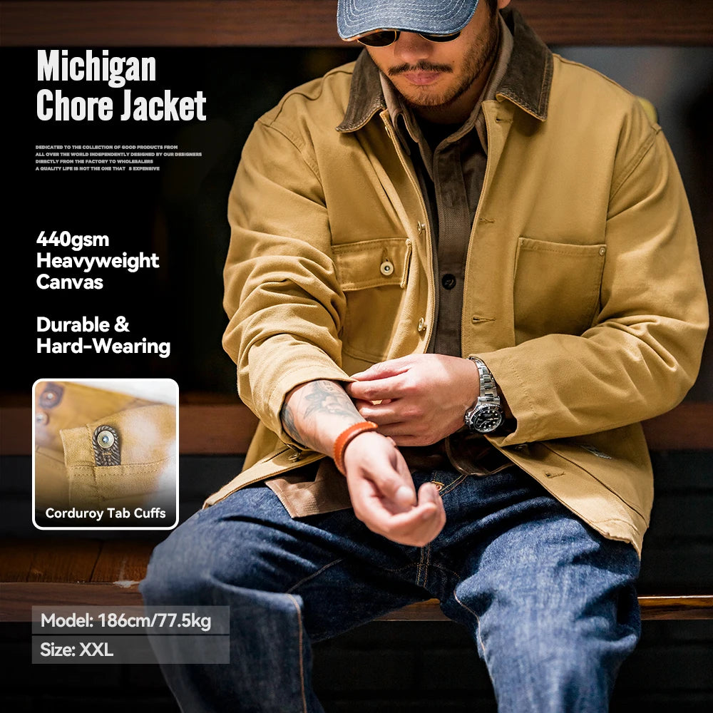 Maden Vintage Heavyweight Michigan Chore Jackets Multi-Pocket Canvas Hunting Coat for Men's Spring Loose Lapel Collar Outwear