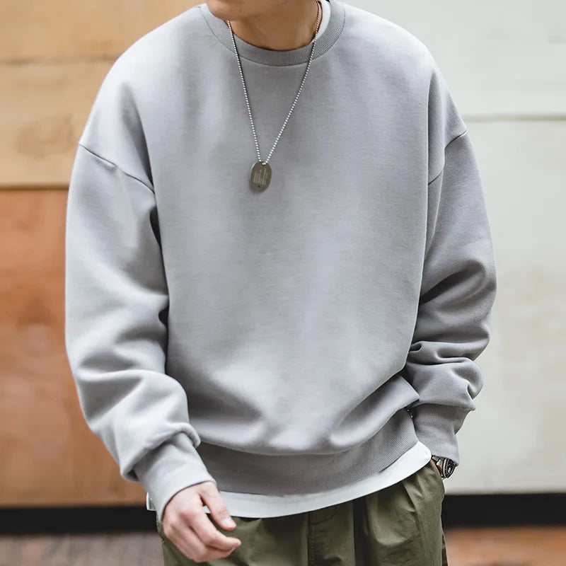 Maden Workwear Retro Grey Off Shoulder Space Cotton Sweater Air Layer Hatless Round Neck Coat Head Men's Fashion