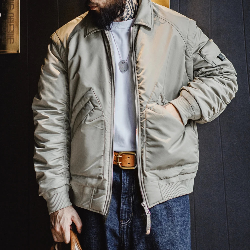 Maden Retro CWU-45P Pilot Jacket Grayish Green Warm Cotton-padded Coat Lapel Versatile Jackets Men's Autumn and Winter Outerwear