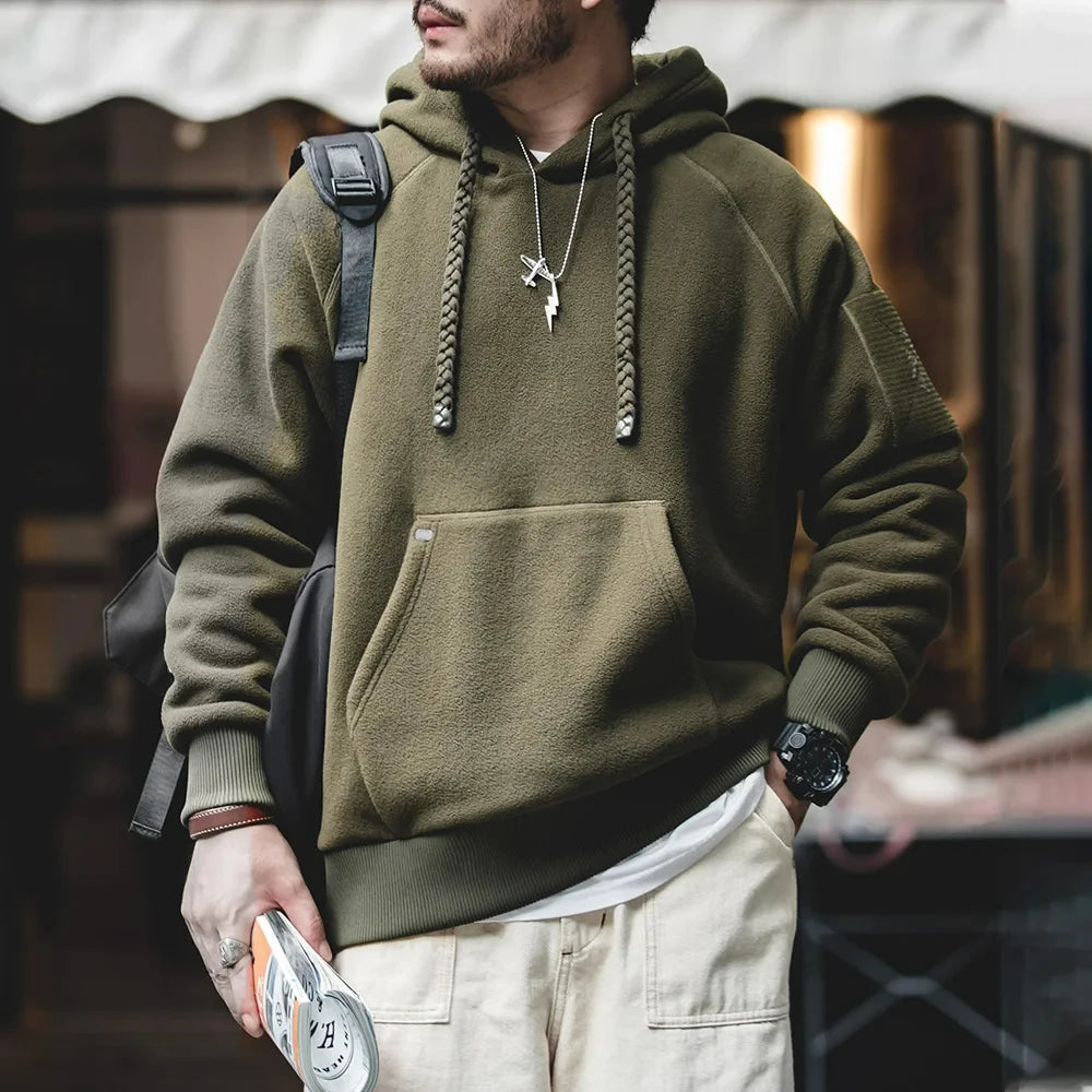 Maden 2024 Autumn Winter Casual Heavyweight Hoodie Men's Black Versatile Thickened Fleece Pullover Loose Warm Hooded Sweatshirt