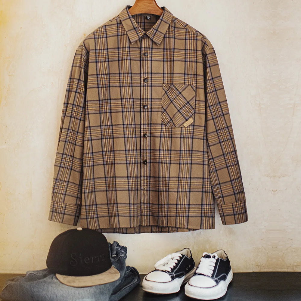 Maden Men's Vintage Plaid Long Sleeve Shirt Lightweight Cotton Single-breasted Collar Loose Fit Blouse Casual Spring Fall Top