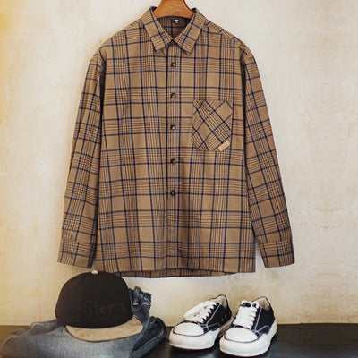 Maden Men's Vintage Plaid Long Sleeve Shirt Lightweight Cotton Single-breasted Collar Loose Fit Blouse Casual Spring Fall Top