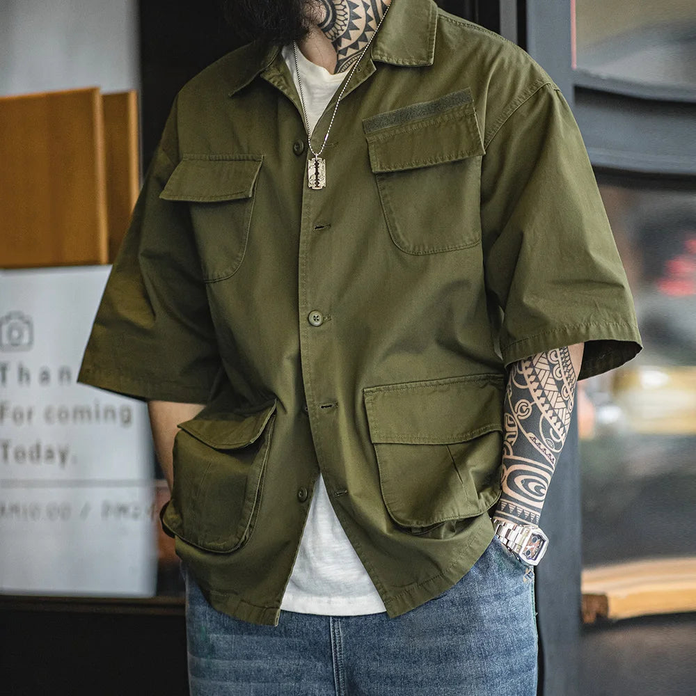 Maden Men Summer Vintage M42 Four Pocket Short Sleeve Shirts Cotton Green Loose Turn-down Collar Shirt Workwear Tops Male XL XXL