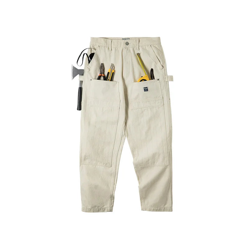 Maden Workwear American Retro Distressed Loose Off White Jeans Washed Straight Multi Pocket Woodcutter Pants Men