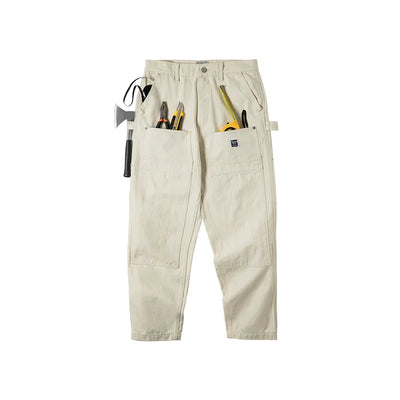 Maden Workwear American Retro Distressed Loose Off White Jeans Washed Straight Multi Pocket Woodcutter Pants Men