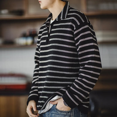 Maden Knitted Striped Polo Sweater Blended Knit Lapel Pullover Men's Casual Color Collision Jumper Black American Workwear Tops