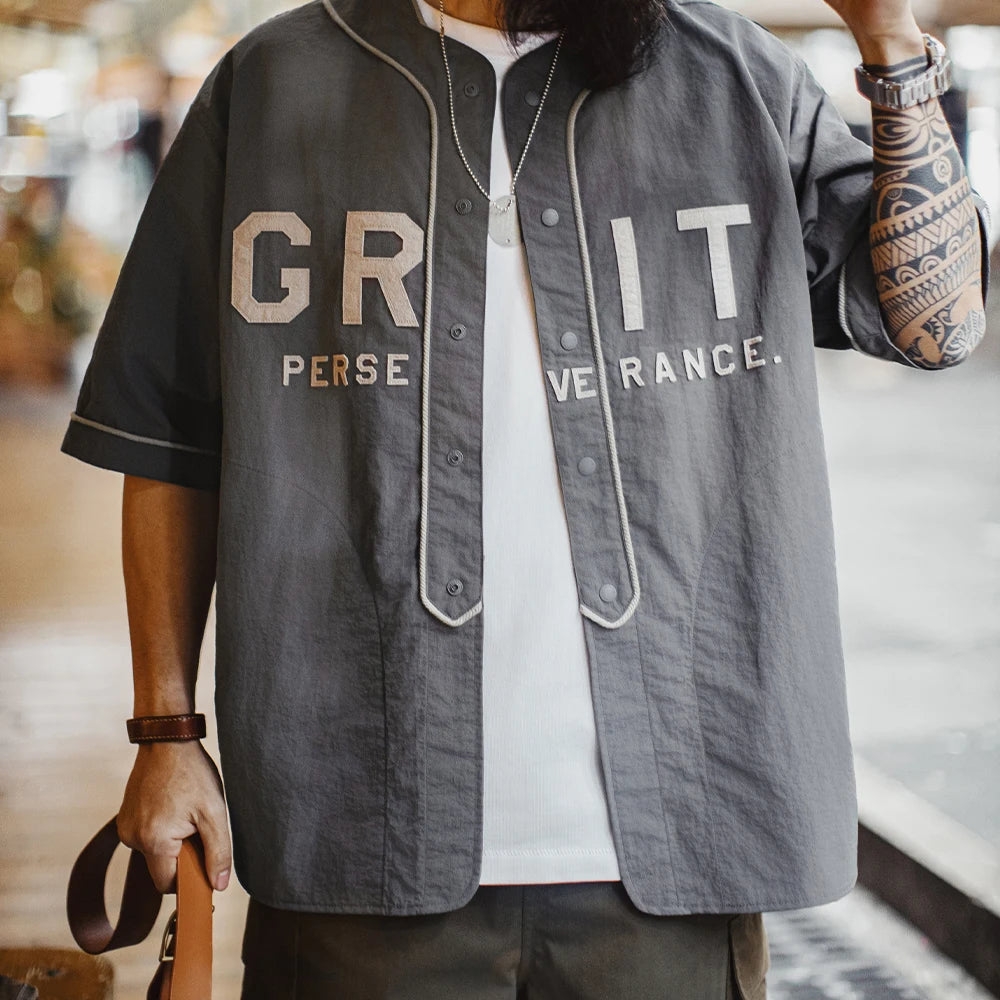 Maden Casual Grey Short Sleeve Baseball Shirt Men Summer Lightweight  Color-Block Letter Shirt Loose Fit Single Breasted Blouse