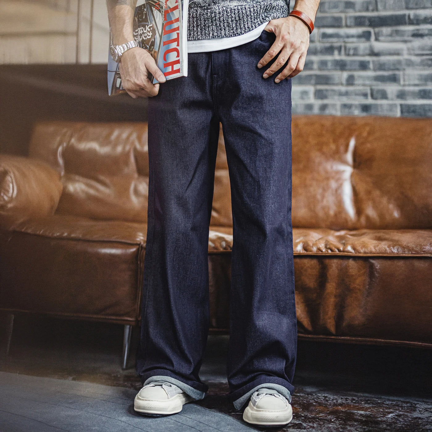 Maden Vintage 15.6oz Selvedge Raw Denim Jeans Heavyweight Blue Loose Fit Wide-Leg Jeans Zip Fly Cotton Trousers with Pockets