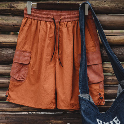 Maden Summer Men Straight Shorts Orange Patchwork Gingham Loose Beach Pants Plus Size Shorts Elastic Waist Light Breathable