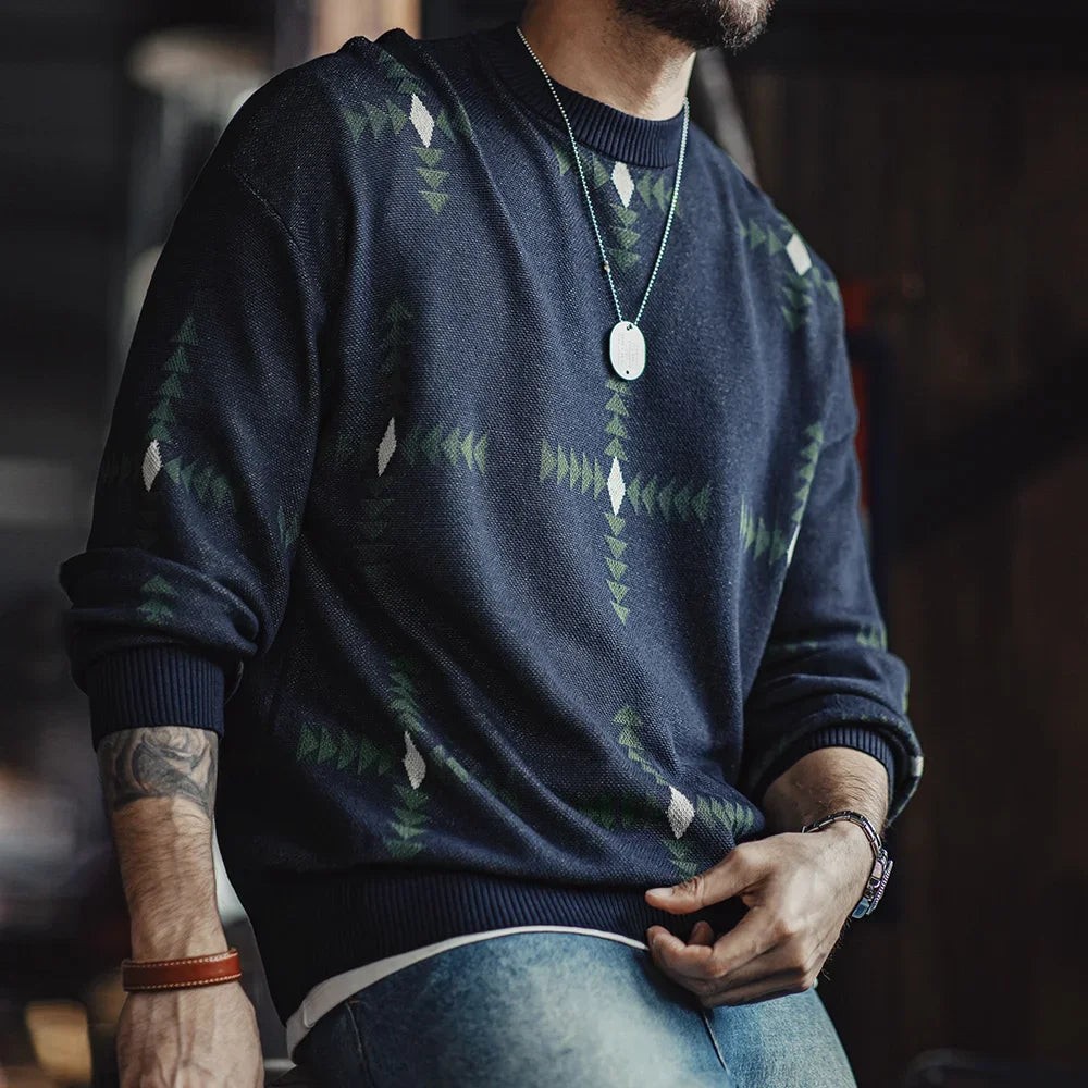 Maden Retro Geometric Pattern Knitted Sweater College Style Christmas Loose Round Neck Pullover for Men's  Fall and Winter Tops