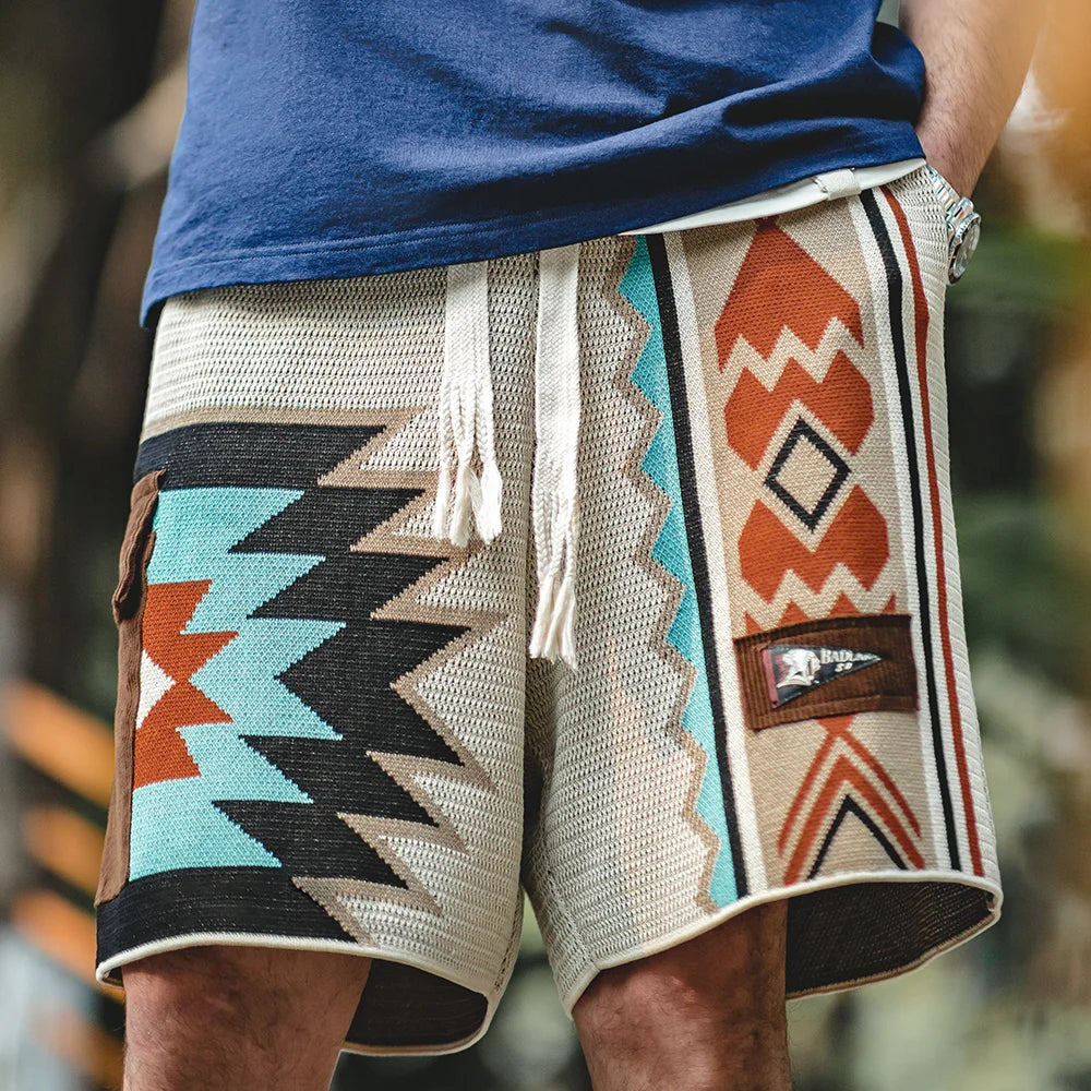 Maden Navajo Totem Knitted Shorts Men's  Elastic Waist Casual Shorts with Corduroy Pocket Summer Beach Breathable Short Pants