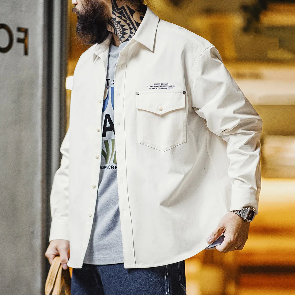 Maden Casual Herringbone Long-Sleeved Shirt with Letter Print Lapel Collar White Blouse for Men's Fall and Winter All-Match Tops