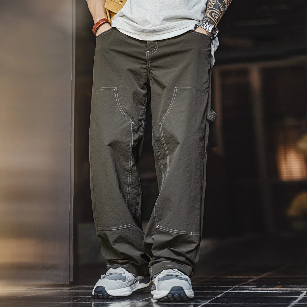 Maden Men's Vintage Cargo Pants Lightweight Military Green Work Trousers with Elastic Waist Double-Knee Lumberjack Casual Pants