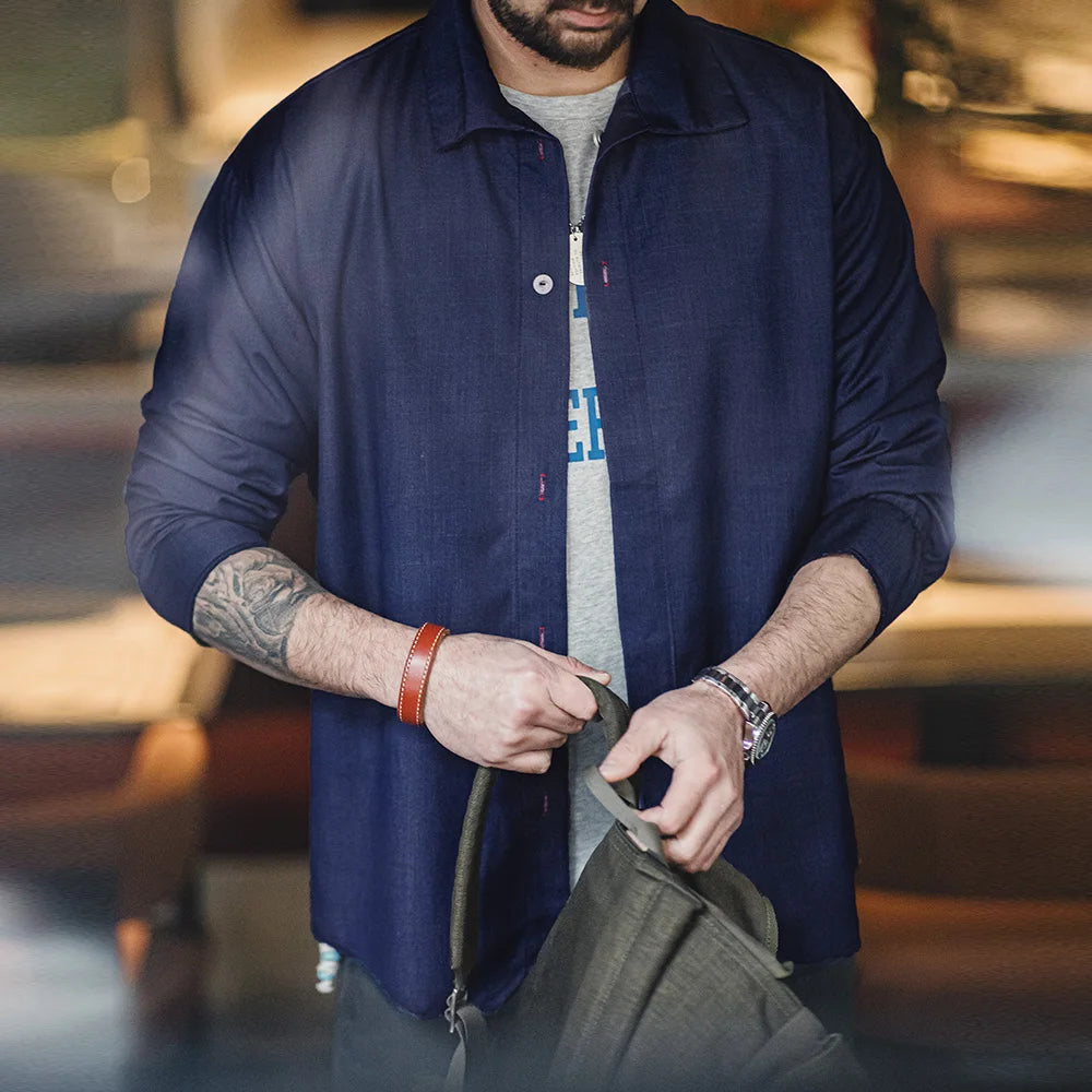 Maden Men Solid Color Denim Blue Shirt Loose Turn-down Collar Long-sleeved Shirt Mens Spring Coat Loose Comfortable Clothes