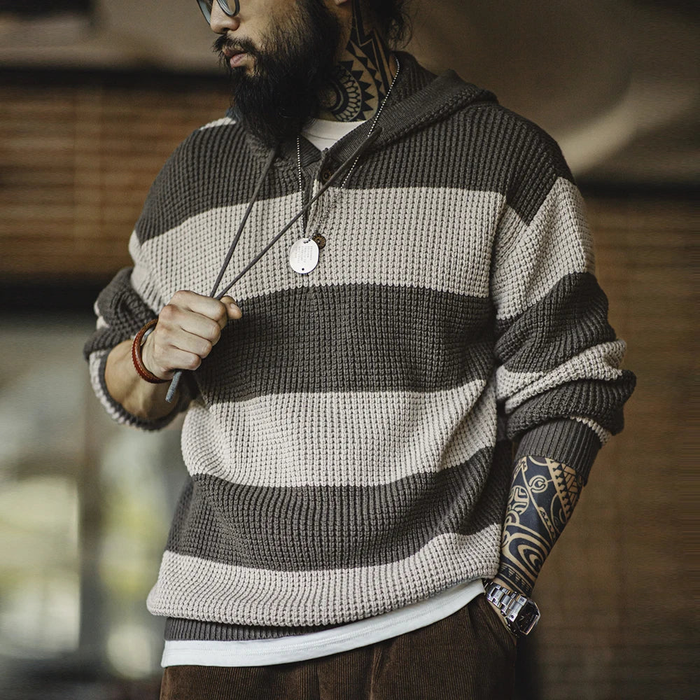 Maden Casual Striped Knit Hoodie for Men's Loose Pullover Sweater with Wooden Button Collegiate Style for Fall and Winter Tops