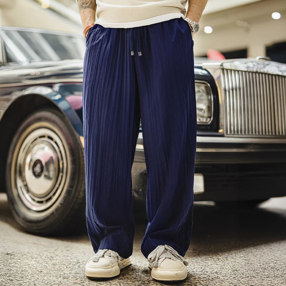 Maden Men's Pleated Pants Lightweight Navy Blue Trousers with Elastic Drawstring Waist Breathable Casual Sporty Pants for Summer