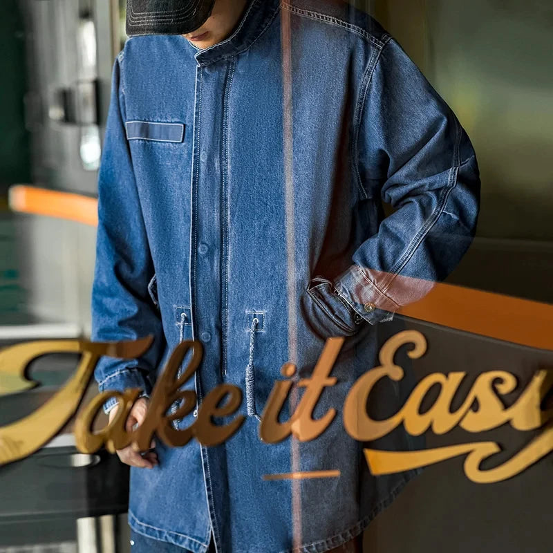 Maden American Retro M65 Denim Fishtail Trench Coats Loose Profile Mid-length Windbreaker Men's Autumn Jackets Casual Overcoat