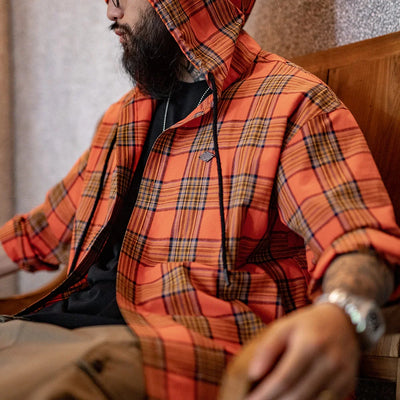 Maden Men's Casual Checked Sweatshirt-style Orange Retro Hooded Loose Long-sleeved Shirt with Single-breasted Buttons for Spring