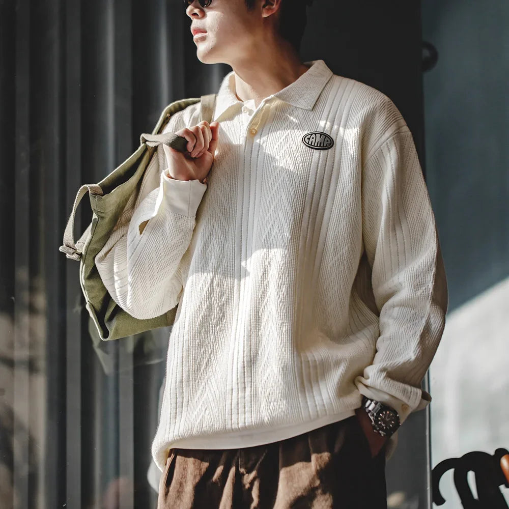 Maden Casual Jacquard Polo Sweaters Men's Texture-Rich Knit Pullover Dark Gray Jumper Amekaji Workwear Winter Christmas Jersey