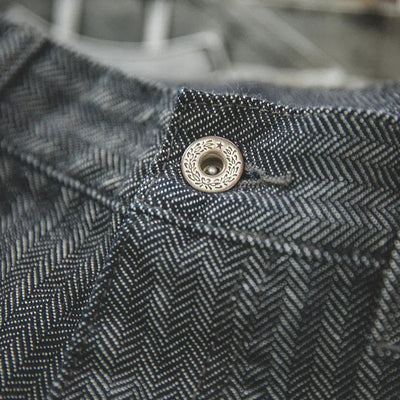 Maden Retro 12.8oz Grey Striped Jeans Straight Fit Zip Fly with Pockets Versatile Herringbone Trousers for Men's Spring and Fall